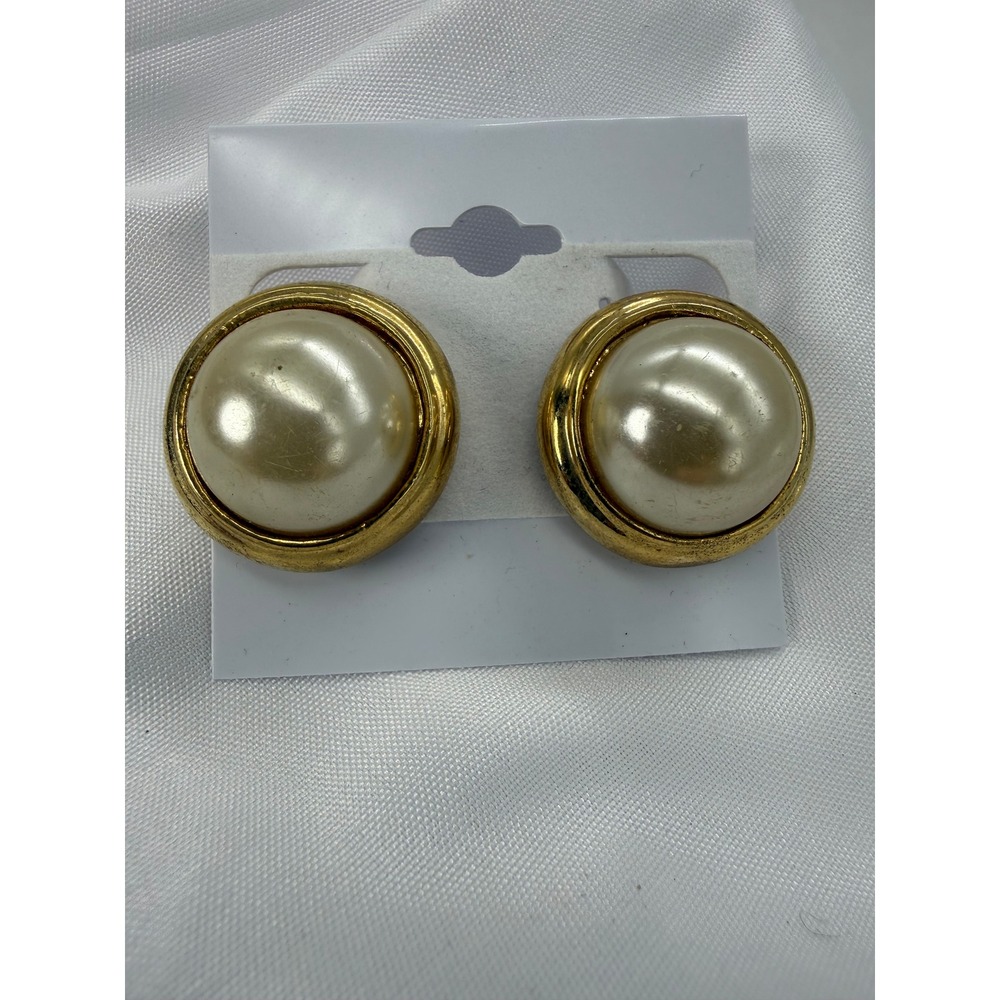 Vintage‎ Gold Tone Faux Pearl Button Clip On Earrings Round Oversized 1 Inch